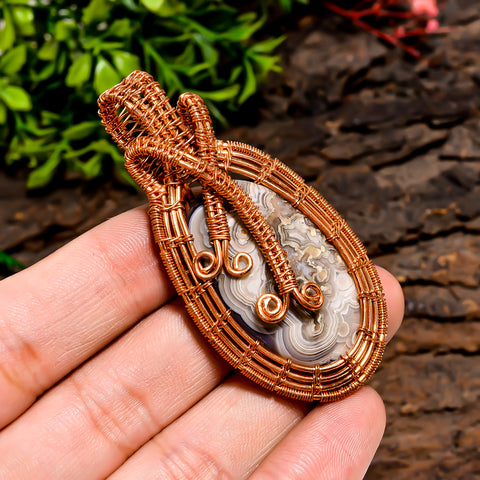 Splendid A One Quality 100% Natural Crazy Lace Agate Gemstone Oval Vintage Handmade Pure Copper Wire Wrapped Pendant 2.4