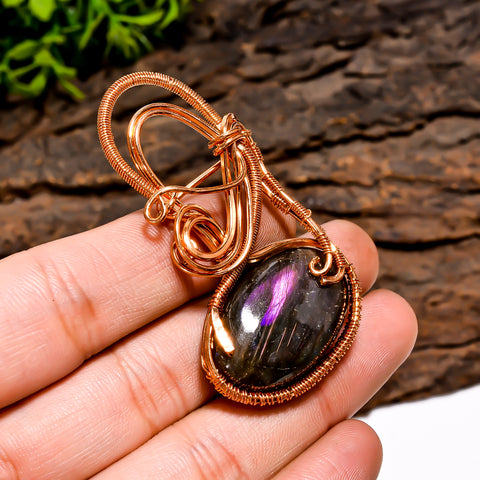 Superb Top Grade Quality 100% Natural Labradorite Gemstone Oval Vintage Handmade Pure Copper Wire Wrapped Pendant 2.2