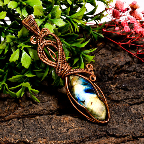 Stunning A One Quality 100% Natural Labradorite Gemstone Marquise Vintage Handmade Pure Copper Wire Wrapped Pendant 2.9