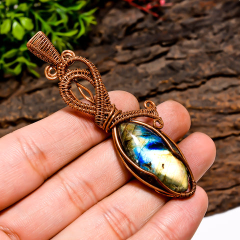 Stunning A One Quality 100% Natural Labradorite Gemstone Marquise Vintage Handmade Pure Copper Wire Wrapped Pendant 2.9