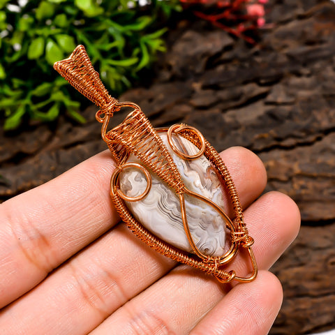 Supreme Top Grade Quality 100% Natural Crazy Lace Agate Gemstone Pear Vintage Handmade Pure Copper Wire Wrapped Pendant 2.6
