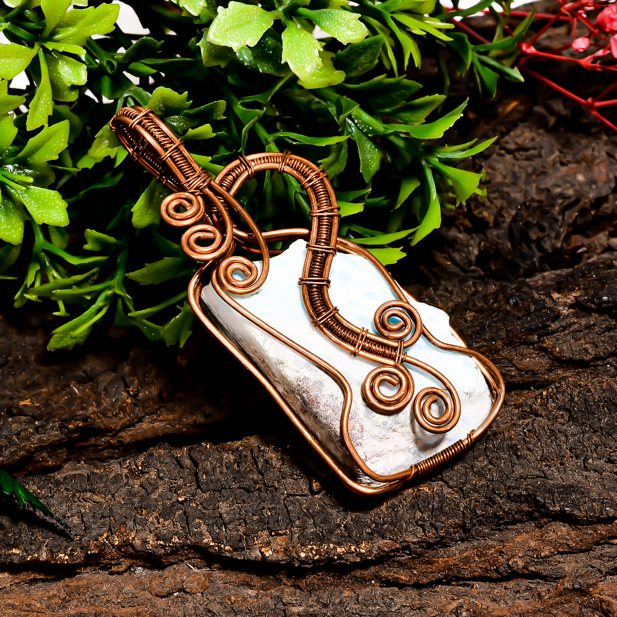 Tempting Top Grade Quality 100% Natural Larimar Gemstone Fancy Vintage Handmade Pure Copper Wire Wrapped Pendant 2.6" 22.8 gms. KR10-72 Sunkarton