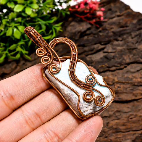 Tempting Top Grade Quality 100% Natural Larimar Gemstone Fancy Vintage Handmade Pure Copper Wire Wrapped Pendant 2.6