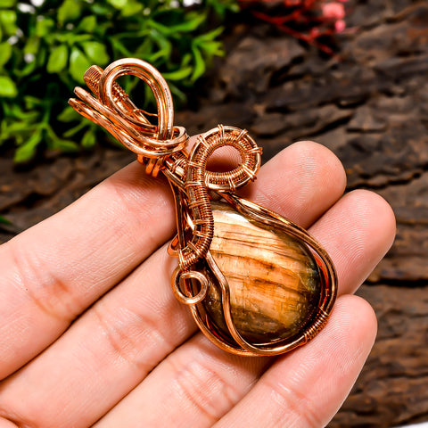 Terrific Top Grade Quality 100% Natural Labradorite Gemstone Pear Vintage Handmade Pure Copper Wire Wrapped Pendant 2.4
