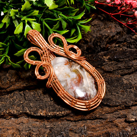 Unique Top Grade Quality 100% Natural Crazy Lace Agate Gemstone Egg Vintage Handmade Pure Copper Wire Wrapped Pendant 2.5