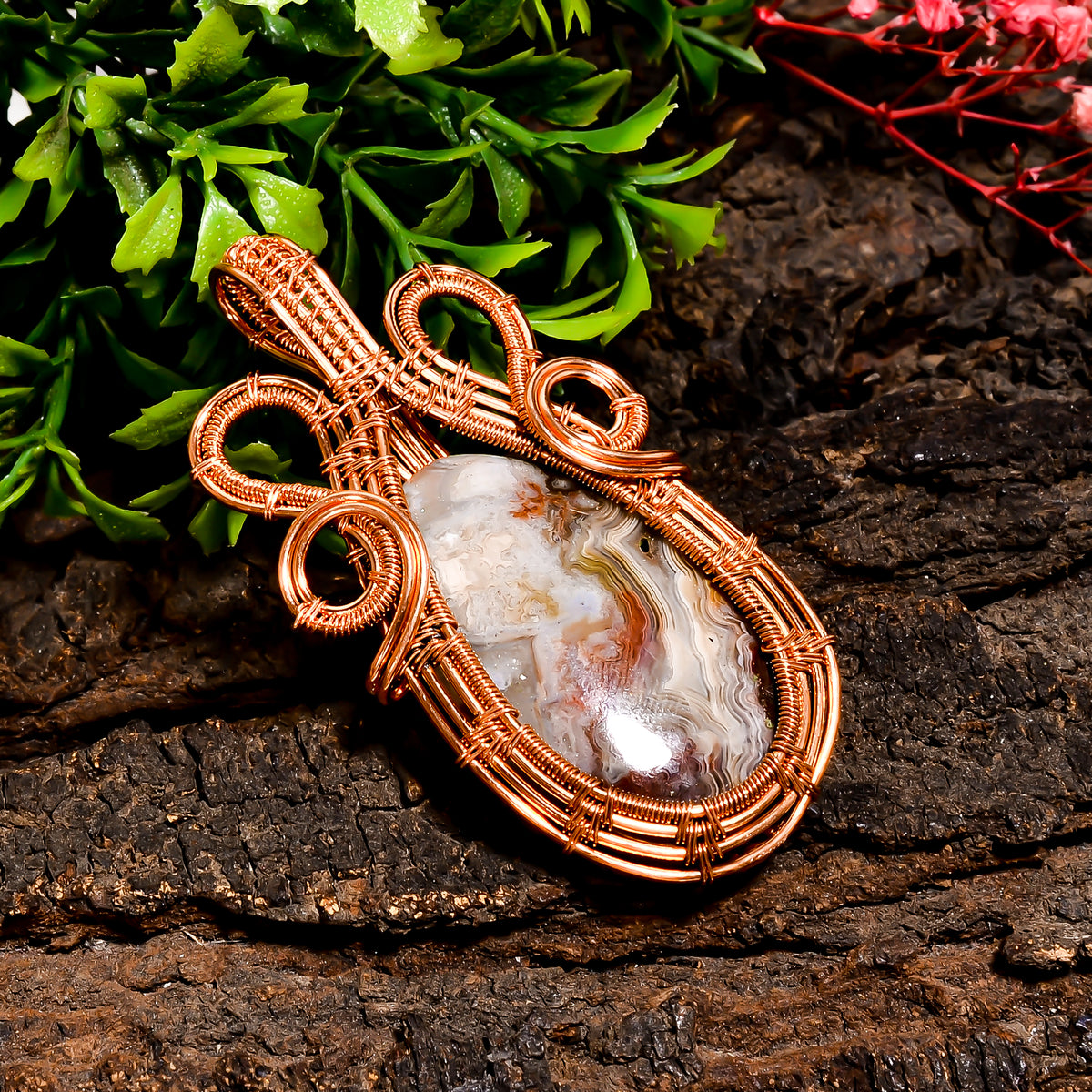 Unique Top Grade Quality 100% Natural Crazy Lace Agate Gemstone Egg Vintage Handmade Pure Copper Wire Wrapped Pendant 2.5" 18.2 gms. KR10-74 Sunkarton
