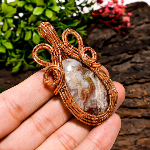 Unique Top Grade Quality 100% Natural Crazy Lace Agate Gemstone Egg Vintage Handmade Pure Copper Wire Wrapped Pendant 2.5