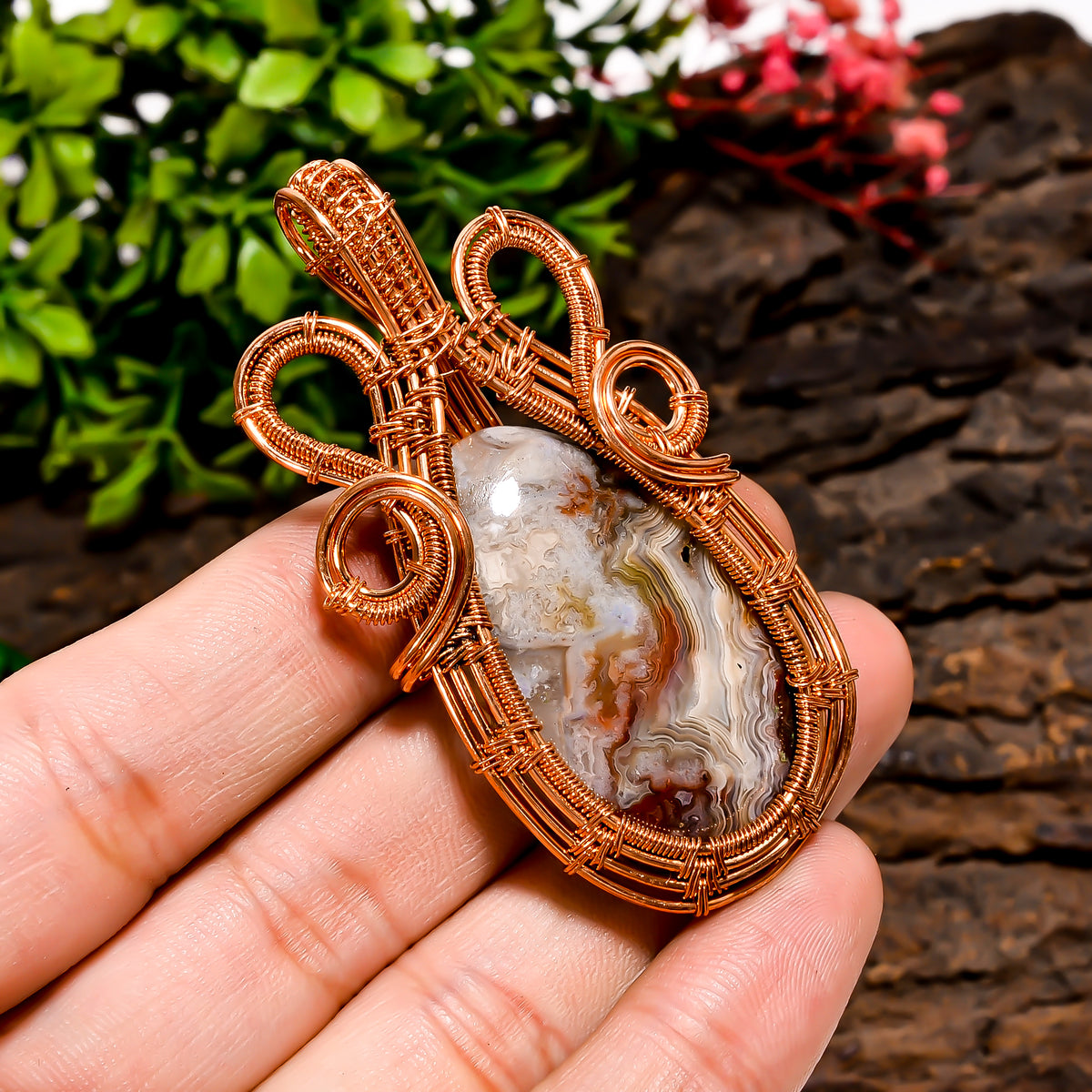 Unique Top Grade Quality 100% Natural Crazy Lace Agate Gemstone Egg Vintage Handmade Pure Copper Wire Wrapped Pendant 2.5" 18.2 gms. KR10-74 Sunkarton