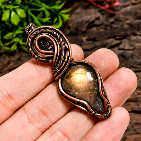 Wonderful Top Grade Quality 100% Natural Labradorite Gemstone Pear Vintage Handmade Pure Copper Wire Wrapped Pendant 2.3
