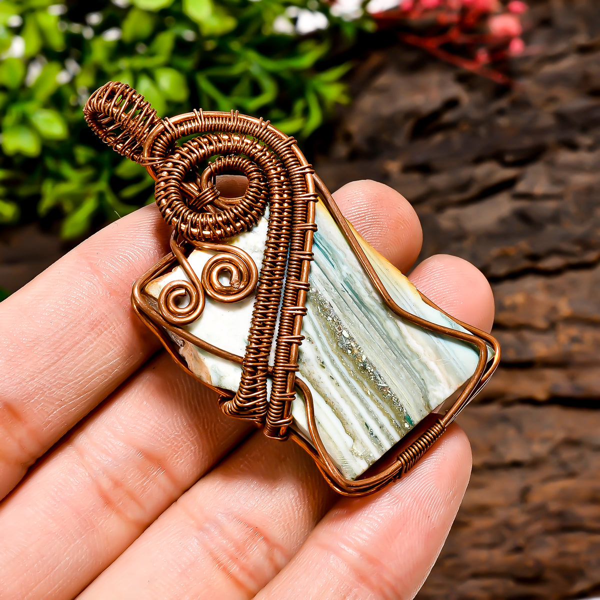 Amazing A One Quality 100% Natural Saturn Chalcedony Gemstone Fancy Vintage Handmade Pure Copper Wire Wrapped Pendant 2.3" 21.1 gms. KR10-76 Sunkarton