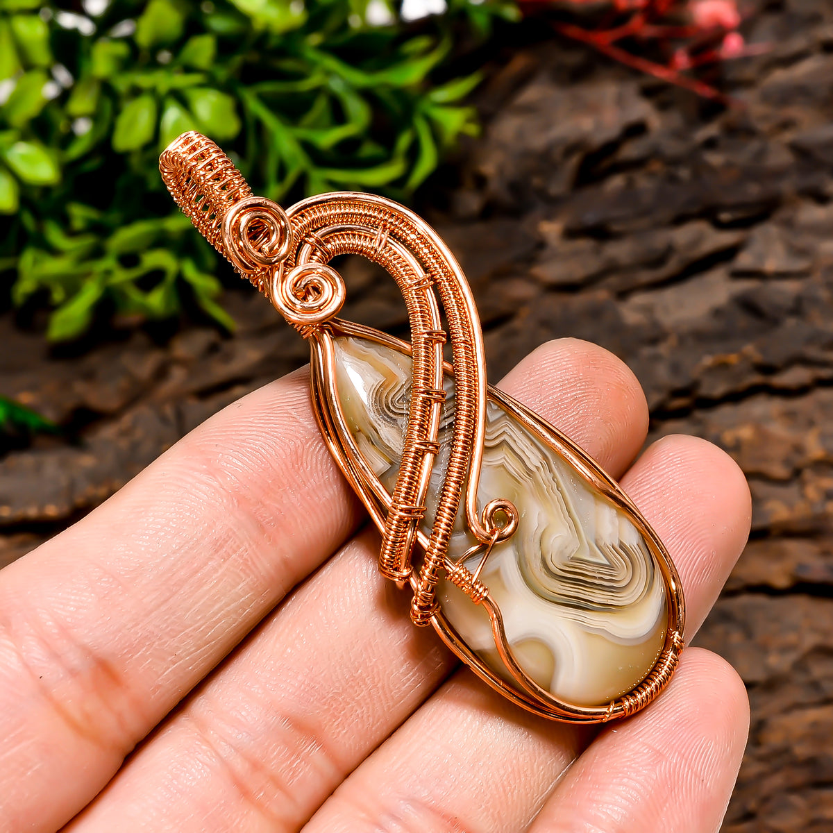 Awesome A One Quality 100% Natural Crazy Lace Agate Gemstone Pear Vintage Handmade Pure Copper Wire Wrapped Pendant 2.5" 13.1 gms. KR10-78 Sunkarton