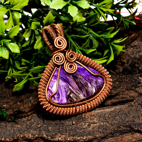 Beautiful Top Grade Quality 100% Natural Charoite Gemstone Heart Vintage Handmade Jewelry Pure Copper Wire Wrapped Pendant 2