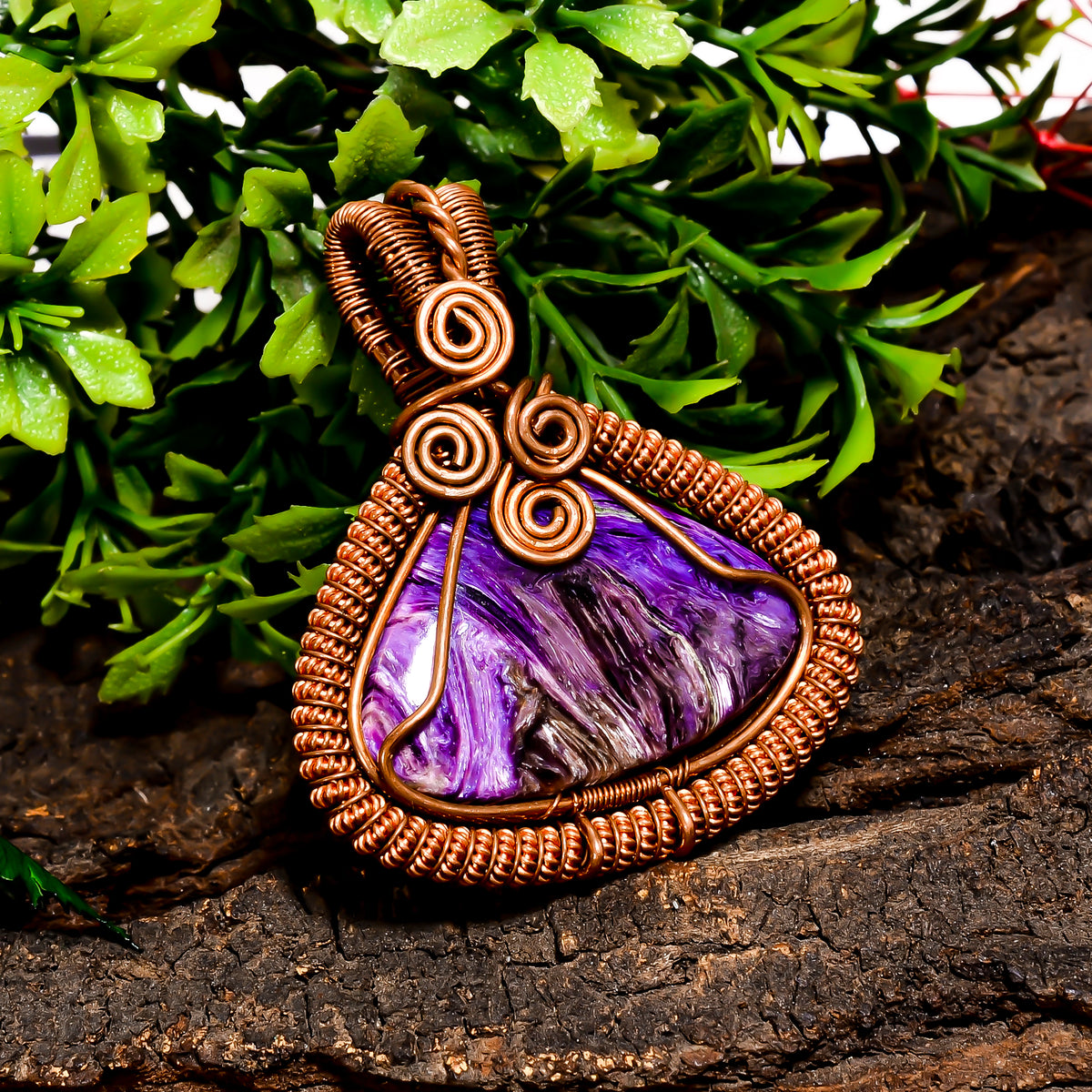 Beautiful Top Grade Quality 100% Natural Charoite Gemstone Heart Vintage Handmade Jewelry Pure Copper Wire Wrapped Pendant 2" 19 gms KR10-79 Sunkarton