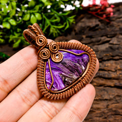 Beautiful Top Grade Quality 100% Natural Charoite Gemstone Heart Vintage Handmade Jewelry Pure Copper Wire Wrapped Pendant 2" 19 gms KR10-79 Sunkarton