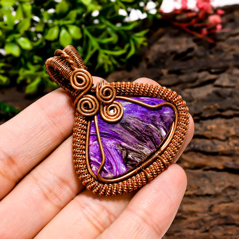 Beautiful Top Grade Quality 100% Natural Charoite Gemstone Heart Vintage Handmade Jewelry Pure Copper Wire Wrapped Pendant 2
