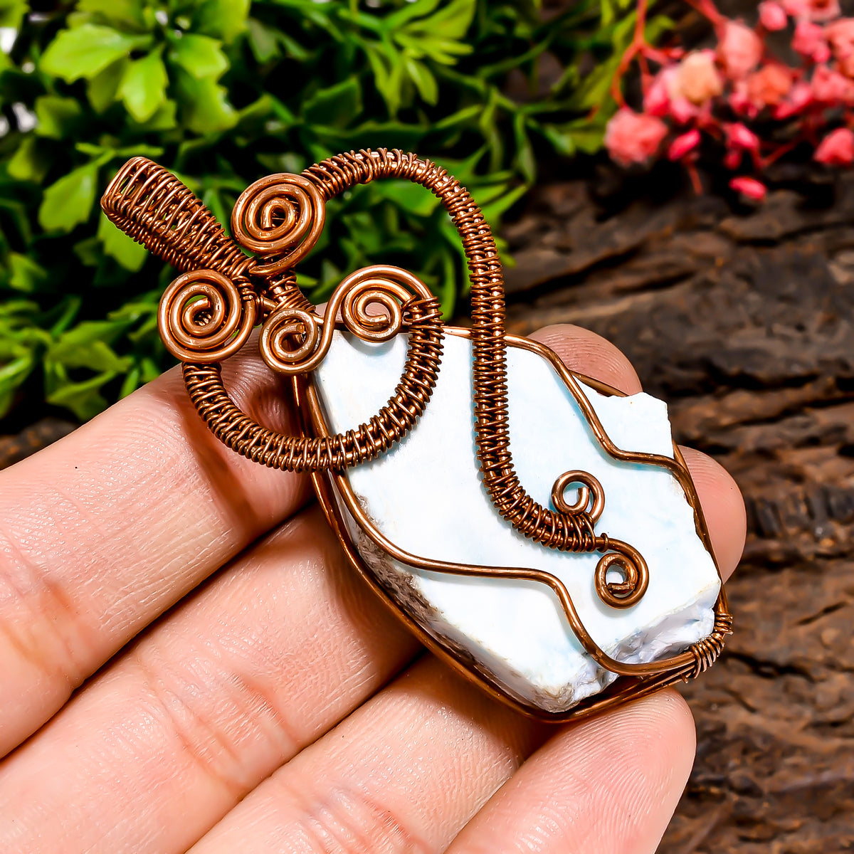 Excellent Top Grade Quality 100% Natural Larimar Gemstone Fancy Vintage Handmade Pure Copper Wire Wrapped Pendant 2.5" 22.6 gms. KR10-7 Sunkarton