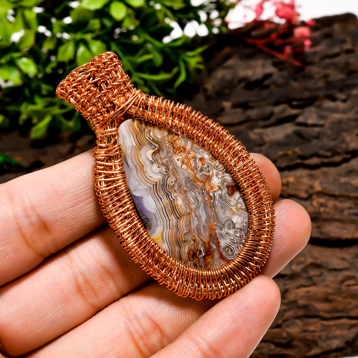 Classic A One Quality 100% Natural Crazy Lace Agate Gemstone Pear Vintage Handmade Pure Copper Wire Wrapped Pendant 2.4" 15.2 gms. KR10-80 Sunkarton