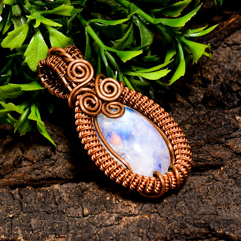 Dazzling A One Quality 100% Natural Rainbow Moonstone Gemstone Pear Vintage Handmade Pure Copper Wire Wrapped Pendant 2