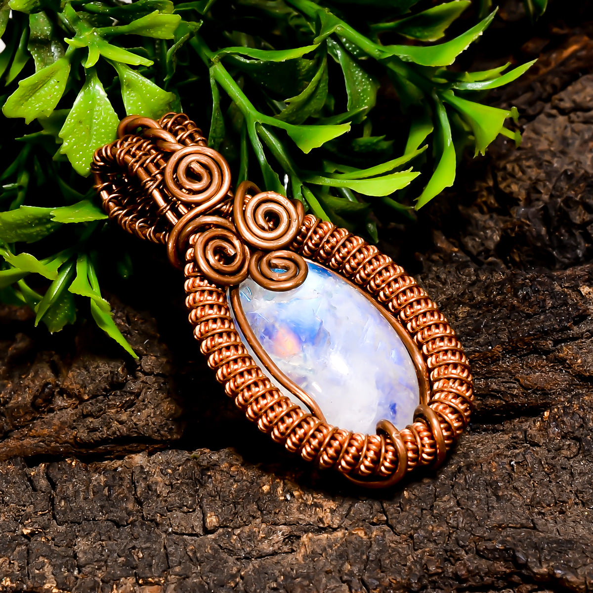 Dazzling A One Quality 100% Natural Rainbow Moonstone Gemstone Pear Vintage Handmade Pure Copper Wire Wrapped Pendant 2" 15.4 gms. KR10-81 Sunkarton