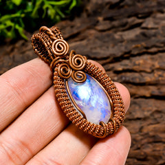 Dazzling A One Quality 100% Natural Rainbow Moonstone Gemstone Pear Vintage Handmade Pure Copper Wire Wrapped Pendant 2" 15.4 gms. KR10-81 Sunkarton