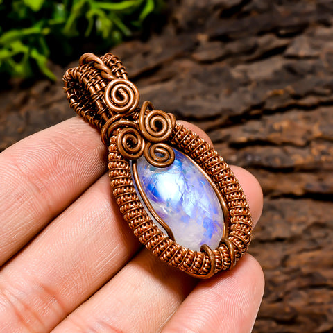 Dazzling A One Quality 100% Natural Rainbow Moonstone Gemstone Pear Vintage Handmade Pure Copper Wire Wrapped Pendant 2