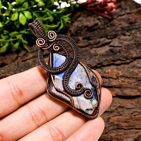 Excellent Top Grade Quality 100% Natural Labradorite Gemstone Fancy Vintage Handmade Pure Copper Wire Wrapped Pendant 2.7