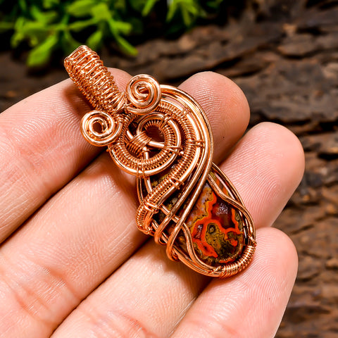Exclusive Top Grade Quality 100% Natural Seam Agate Gemstone Oval Vintage Handmade Pure Copper Wire Wrapped Pendant 1.8
