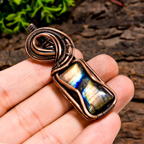 Elegant Top Grade Quality 100% Natural Labradorite Gemstone Radiant Vintage Handmade Pure Copper Wire Wrapped Pendant 2.3