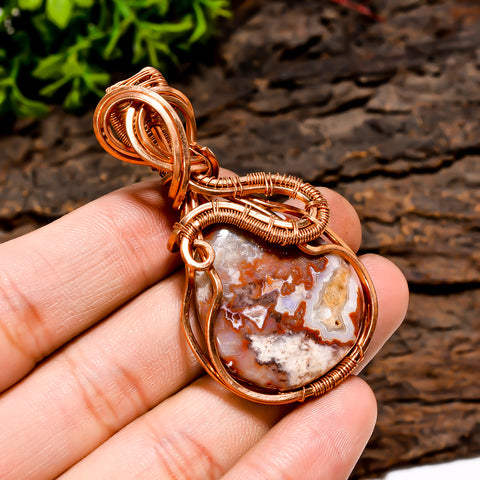 Fabulous A One Quality 100% Natural Crazy Lace Agate Gemstone Pear Vintage Handmade Pure Copper Wire Wrapped Pendant 2.2