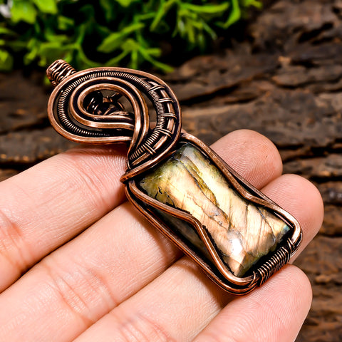 Fantastic A One Quality 100% Natural Labradorite Gemstone Radiant Vintage Handmade Pure Copper Wire Wrapped Pendant 2.5