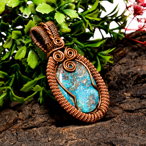 Gorgeous Top Grade Quality 100% Natural Azurite Gemstone Oval Vintage Handmade Jewelry Pure Copper Wire Wrapped Pendant 2.2