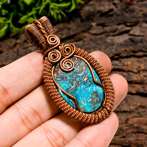 Gorgeous Top Grade Quality 100% Natural Azurite Gemstone Oval Vintage Handmade Jewelry Pure Copper Wire Wrapped Pendant 2.2