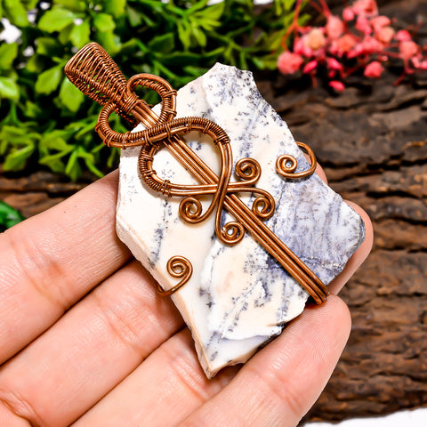 Exclusive Top Grade Quality 100% Natural Dendrite Opal Gemstone Fancy Vintage Handmade Pure Copper Wire Wrapped Pendant 2.6