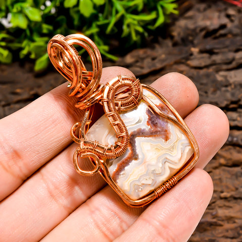 Marvellous A One Quality 100% Natural Crazy Lace Agate Cushion Vintage Handmade Pure Copper Wire Wrapped Pendant 2.1