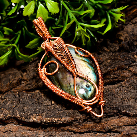 Mind Blowing A One Quality 100% Natural Labradorite Gemstone Oval Vintage Handmade Pure Copper Wire Wrapped Pendant 2.5