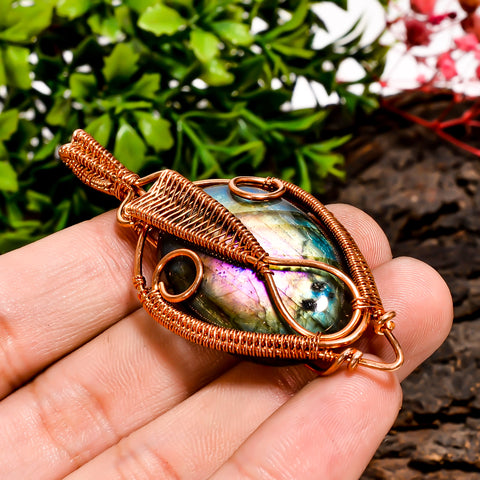 Mind Blowing A One Quality 100% Natural Labradorite Gemstone Oval Vintage Handmade Pure Copper Wire Wrapped Pendant 2.5