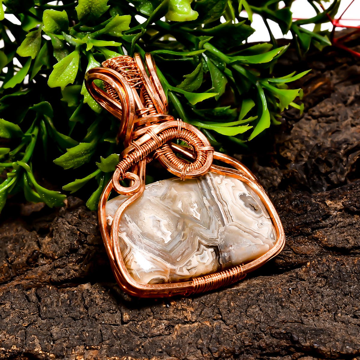 Outstanding A One Quality 100% Natural Crazy Lace Agate Radiant Vintage Handmade Pure Copper Wire Wrapped Pendant 1.9" 15.4 gms. KR10-92 Sunkarton