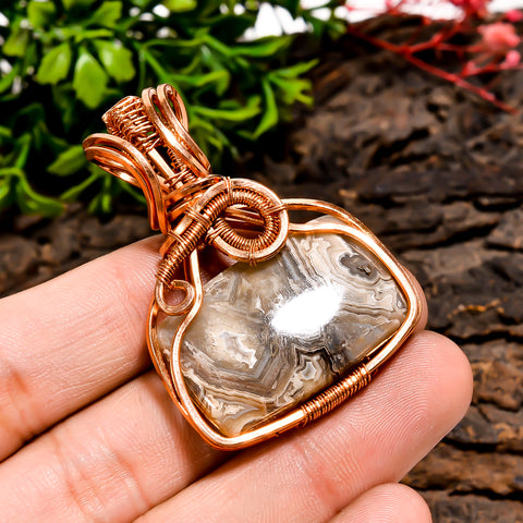 Outstanding A One Quality 100% Natural Crazy Lace Agate Radiant Vintage Handmade Pure Copper Wire Wrapped Pendant 1.9