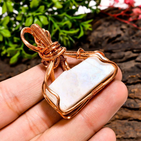 Superb A One Quality 100% Natural Rainbow Moonstone Gemstone Fancy Vintage Handmade Pure Copper Wire Wrapped Pendant 1.9