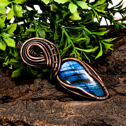 Stunning Top Grade Quality 100% Natural Labradorite Gemstone Pear Vintage Handmade Pure Copper Wire Wrapped Pendant 2.6