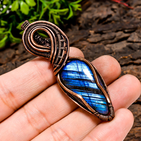 Stunning Top Grade Quality 100% Natural Labradorite Gemstone Pear Vintage Handmade Pure Copper Wire Wrapped Pendant 2.6