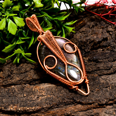 Supreme Top Grade Quality 100% Natural Labradorite Gemstone Pear Vintage Handmade Pure Copper Wire Wrapped Pendant 2.6
