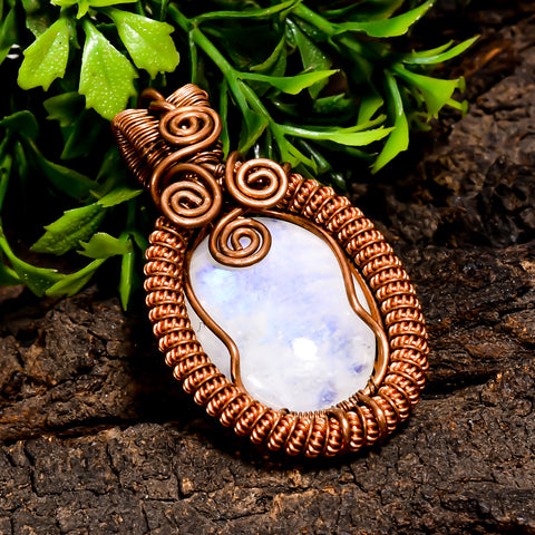 Tempting A One Quality 100% Natural Rainbow Moonstone Gemstone Oval Vintage Handmade Pure Copper Wire Wrapped Pendant 2