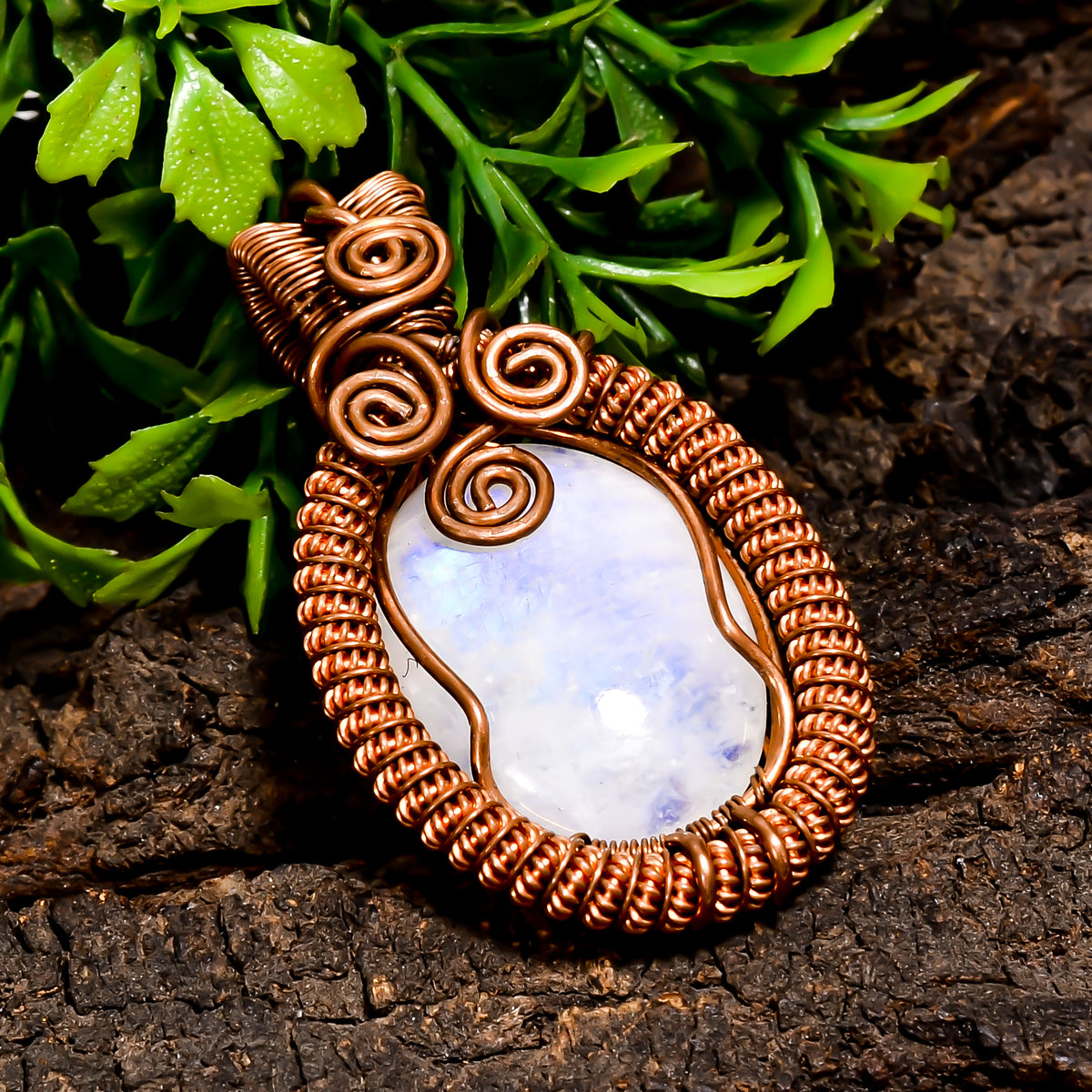 Tempting A One Quality 100% Natural Rainbow Moonstone Gemstone Oval Vintage Handmade Pure Copper Wire Wrapped Pendant 2" 15.9 gms. KR10-97 Sunkarton