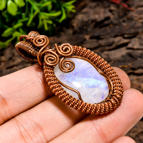 Tempting A One Quality 100% Natural Rainbow Moonstone Gemstone Oval Vintage Handmade Pure Copper Wire Wrapped Pendant 2