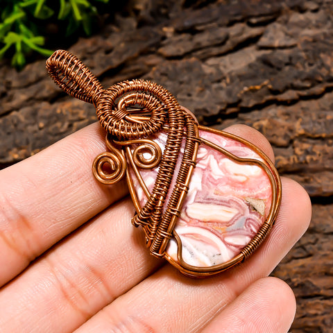 Terrific Top Grade Quality 100% Natural Rhodochrosite Gemstone Pear Vintage Handmade Pure Copper Wire Wrapped Pendant 2.2
