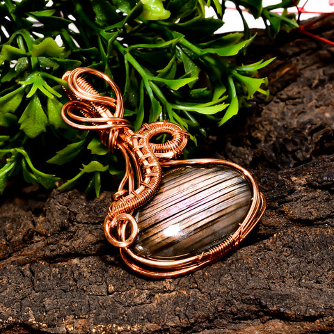 Unique Top Grade Quality 100% Natural Labradorite Gemstone Oval Vintage Handmade Pure Copper Wire Wrapped Pendant 2.2