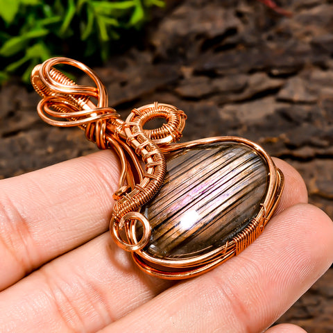 Unique Top Grade Quality 100% Natural Labradorite Gemstone Oval Vintage Handmade Pure Copper Wire Wrapped Pendant 2.2