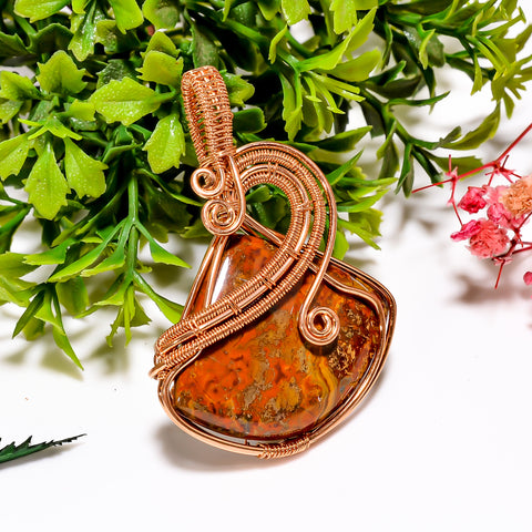 Incredible A One Quality 100% Natural Seam Agate Gemstone Heart Vintage Handmade Pure Copper Wire Wrapped Pendant 2.1