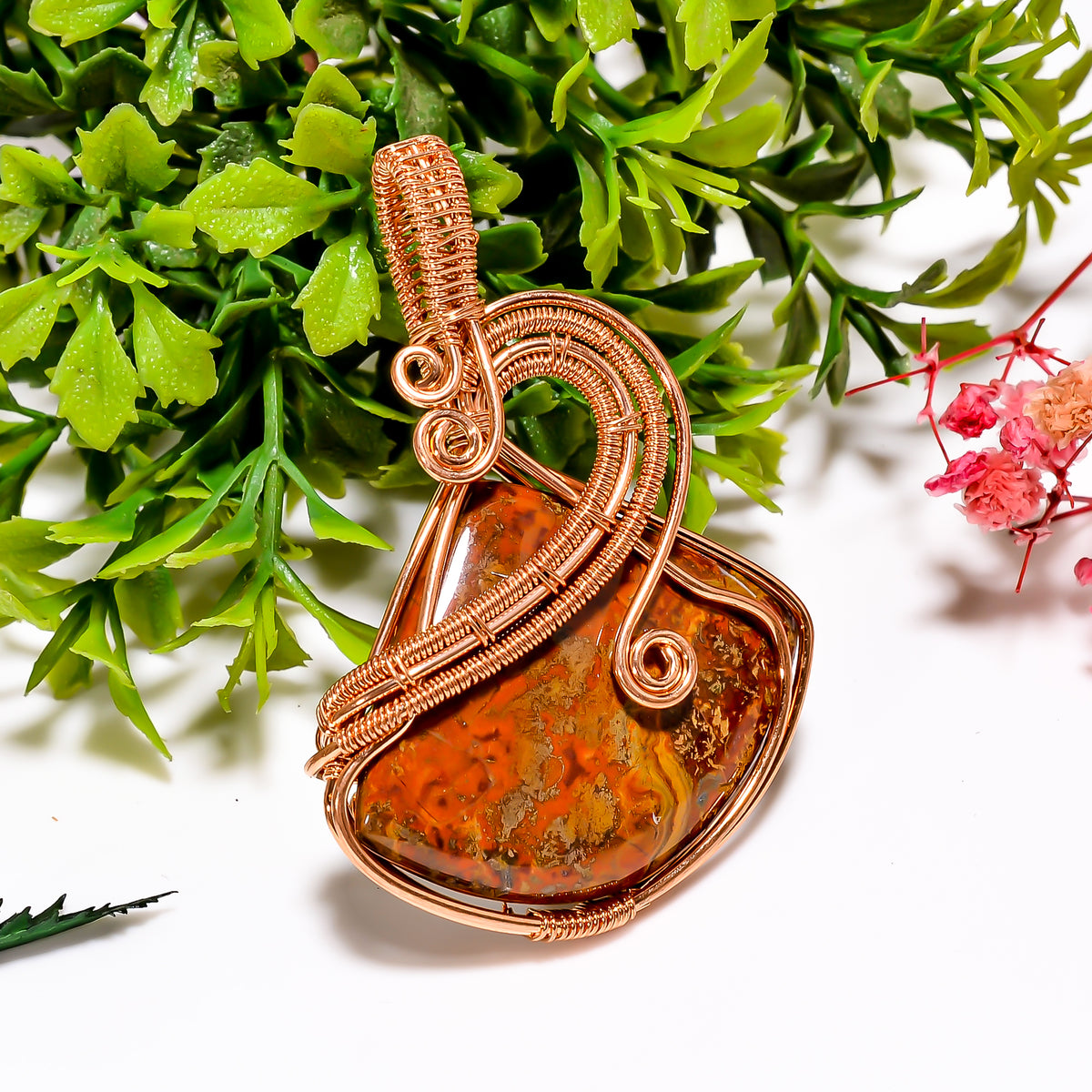 Incredible A One Quality 100% Natural Seam Agate Gemstone Heart Vintage Handmade Pure Copper Wire Wrapped Pendant 2.1" 14.4 gms. KR11-14 Sunkarton